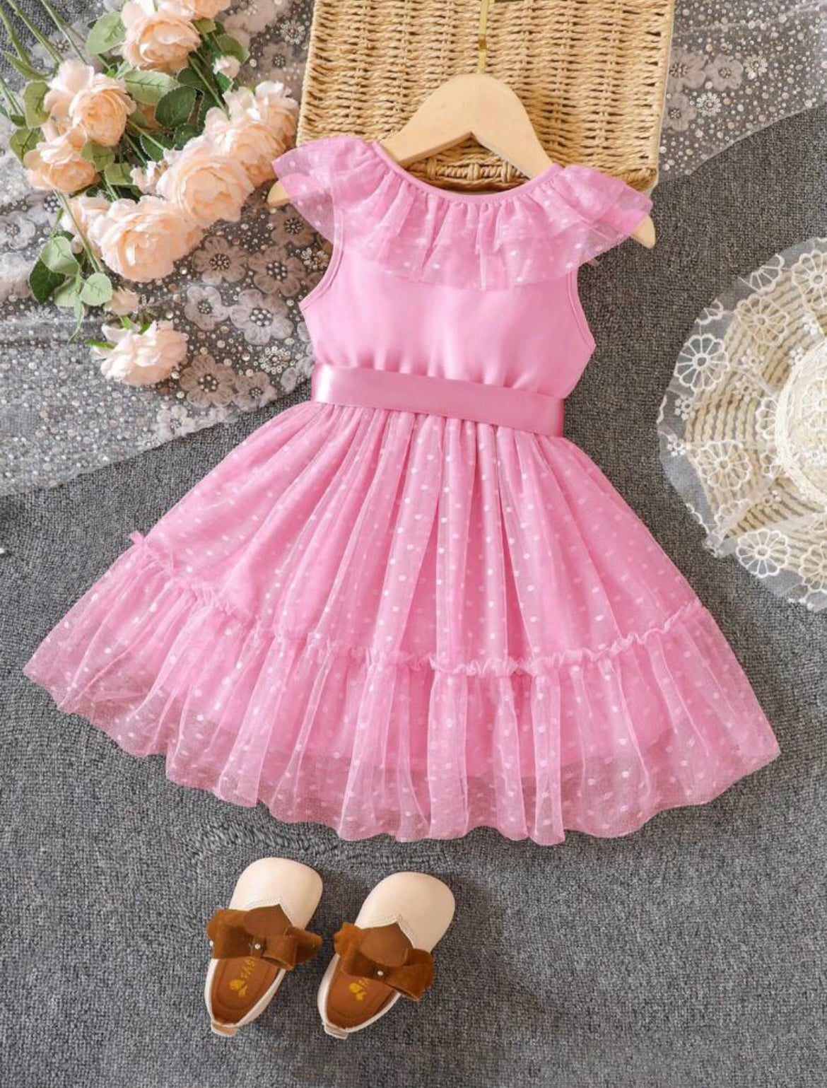 Young Girl Ruffle Trim Belted Dress