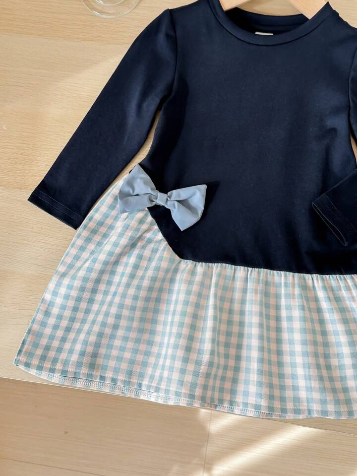 Casual Knitted Crew Neck Long Sleeve Plaid Patchwork Dress.