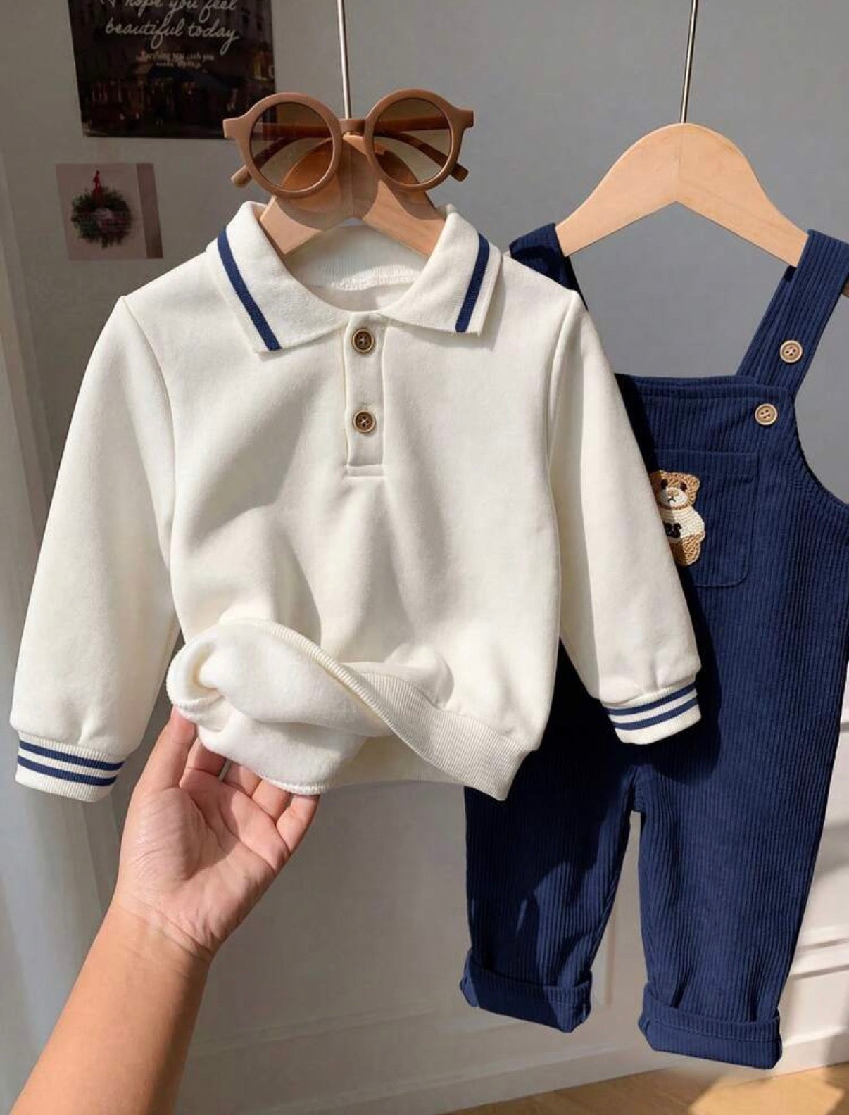 Boy Fall And Winter Clothes Outfit Set, 2pcs/Set Thermal Lined Thickened Sweatshirt And blue Corduroy Plaid Overalls Jumpsuit Set.