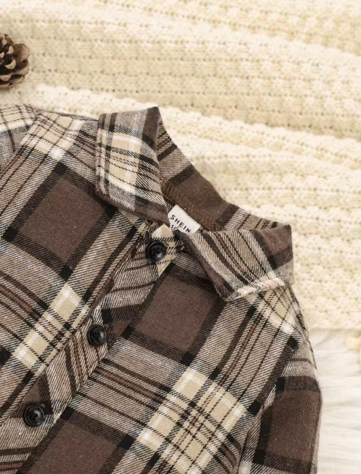 Kids 2pc, Baby Boy Brown Plaid Autumn Cute Modest Matching Family Corduroy Bib Overalls Set.