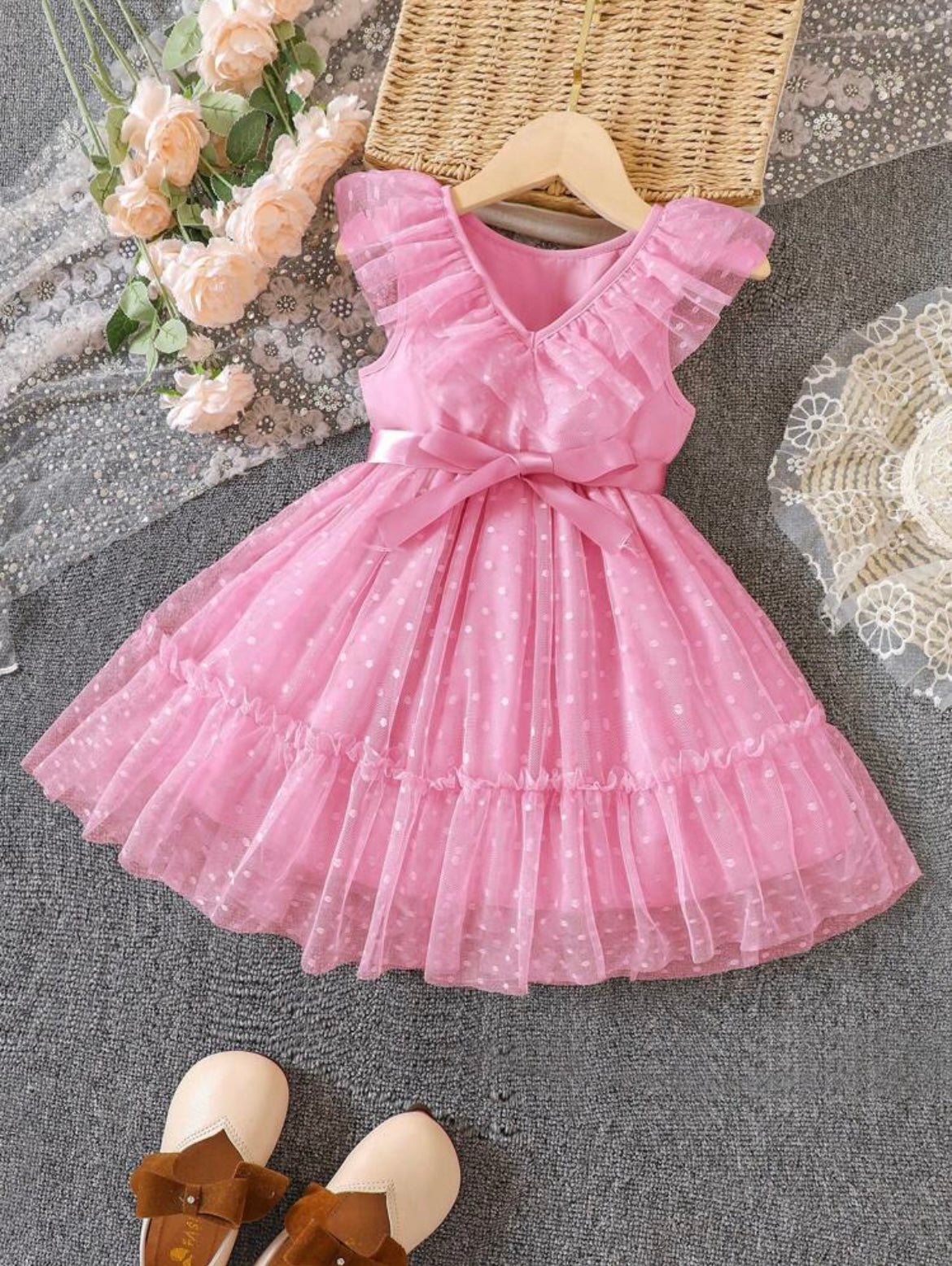 Young Girl Ruffle Trim Belted Dress