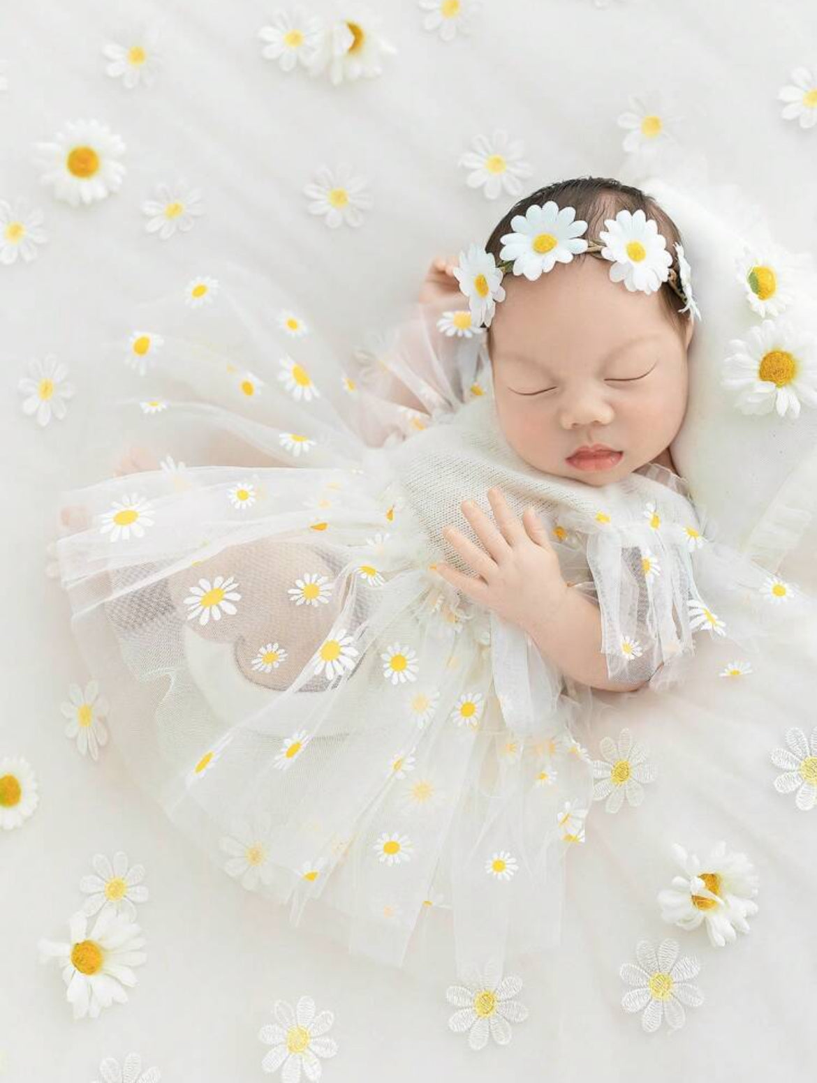 Newborn Baby Girls' Sunflower & Daisy Mesh Romper Dress & Braided Headband Outfit Set