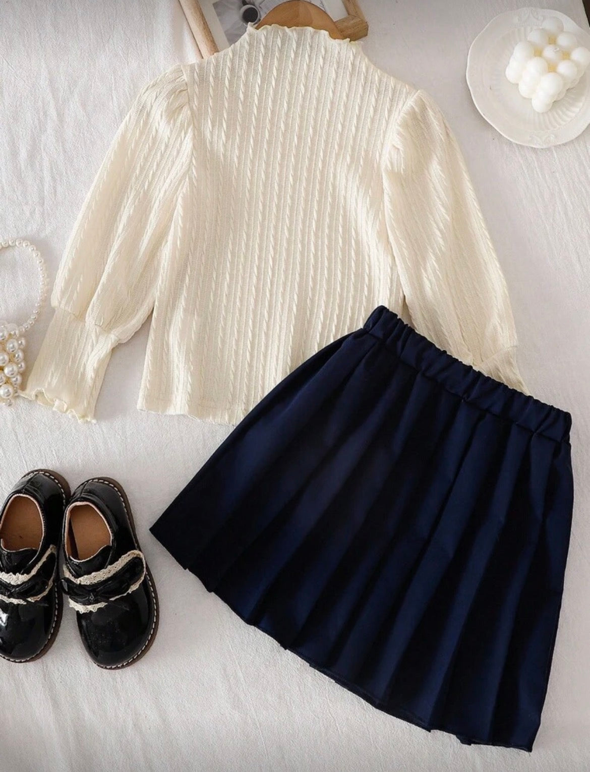 2 Pc Floral Ruffle Gigot Sleeve Top & Pleated Skirt Set.