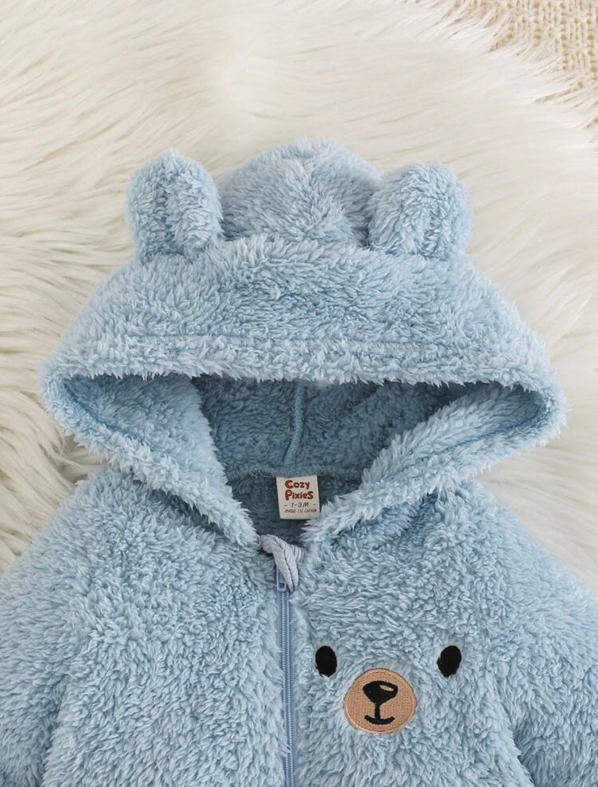 Cartoon Bear Pattern Ear Hooded Thicker Jumpsuit.