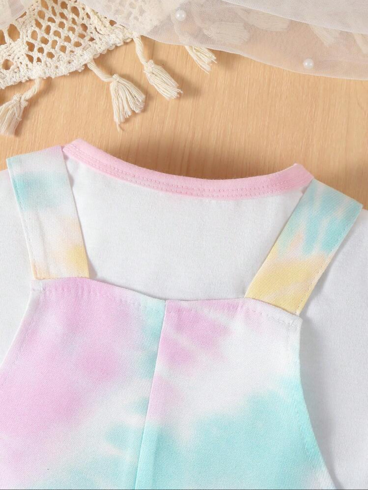 Baby Girl Spring/Summer Cute & Fresh Round Neck Short Sleeve T-Shirt And Dyed Overalls Shorts Set