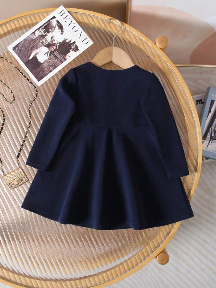 Navy Blue Button Long Sleeve Dress, Autumn & Winter