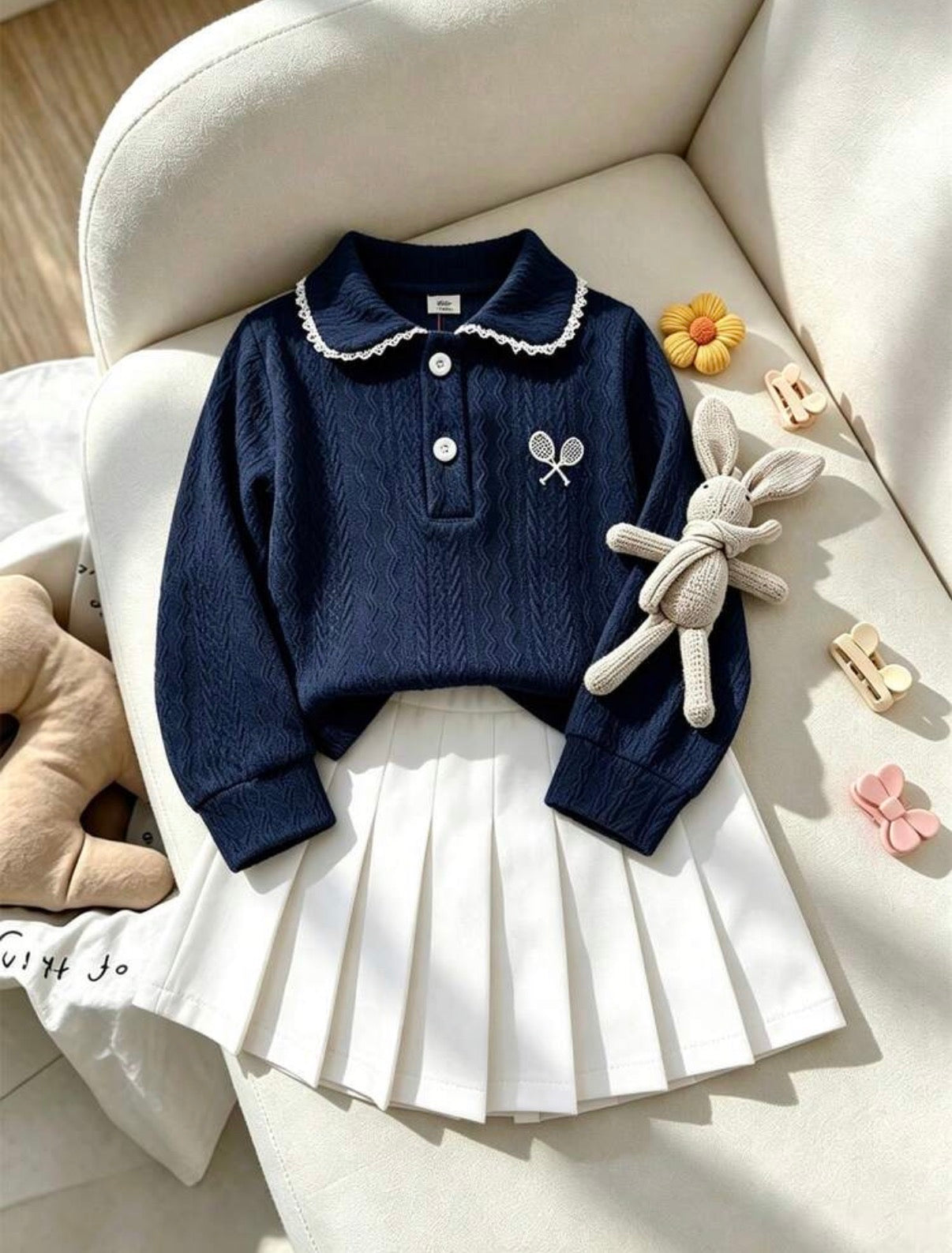 2-Piece Set, Small Cable Knit Collared Polo Cardigan + Elastic Waist Pleated Skirt.