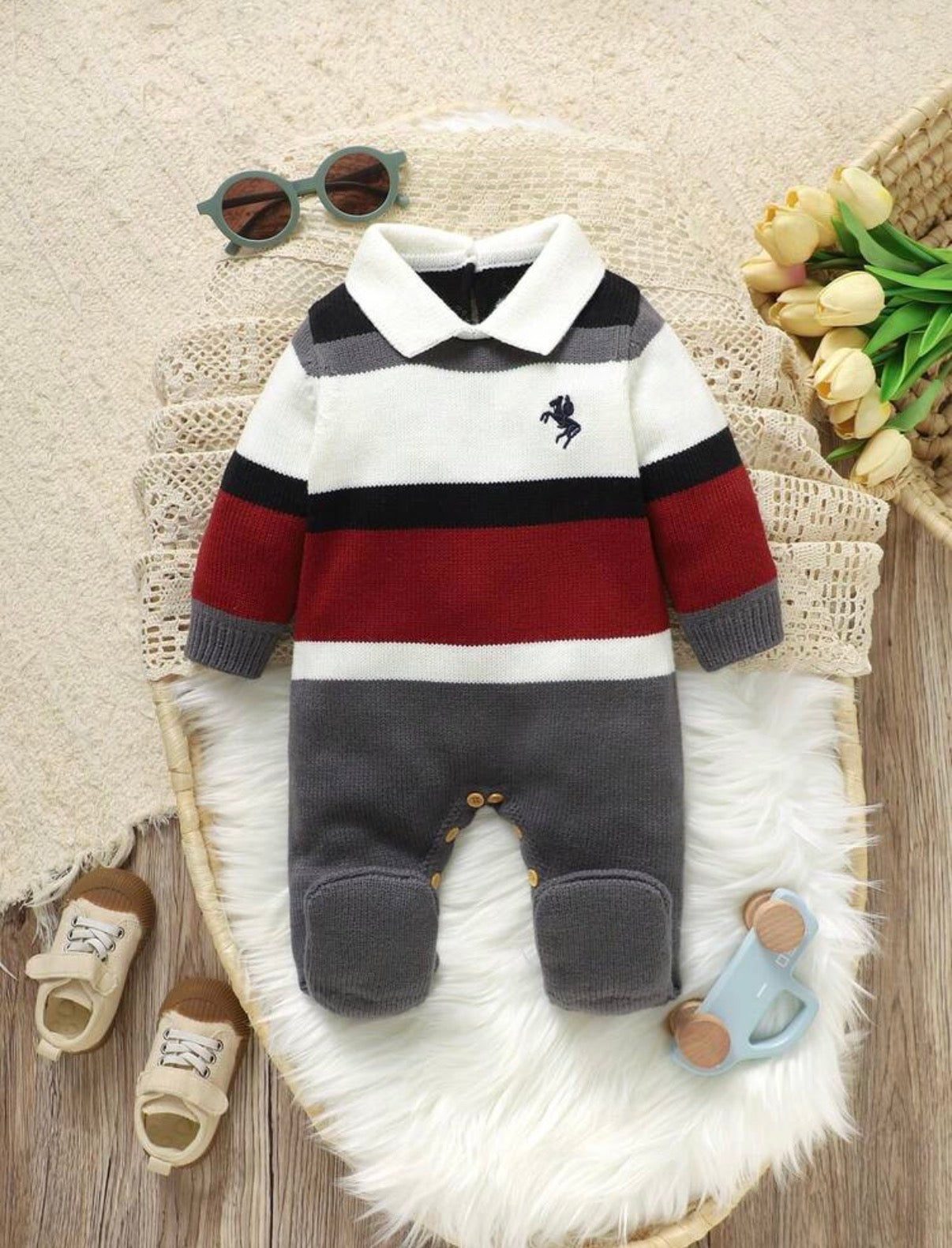 Long Sleeve Sweater Bodysuit, Multiple Snap Buttons At Crotch For Easy Diaper Changes.