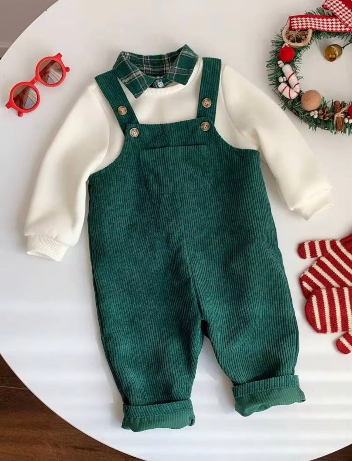 Boy Fall And Winter Clothes Outfit Set, 2pcs/Set Thermal Lined Thickened Apricot Sweatshirt Knit Top And Green Corduroy Plaid Overalls Jumpsuit Set (Delivery by 10th August)