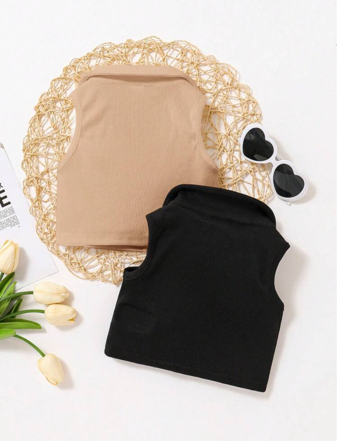 Solid Color Knitted Collared Sleeveless Crop Top ( set of 2 )