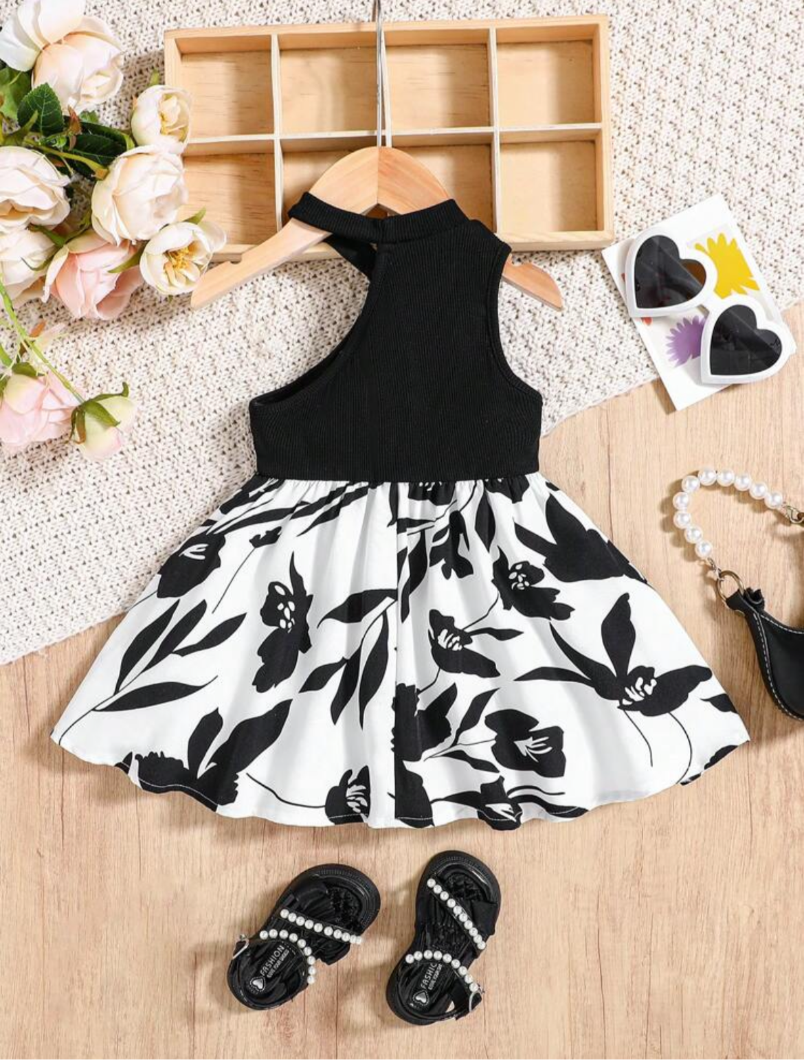 Summer Knit Patchwork Floral Pattern Sleeveless One Shoulder Dress For Baby Girl