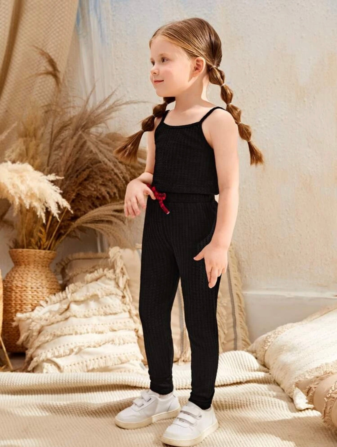 Young Girl Plaid Print Open Front Top & Cami Top & Leggings