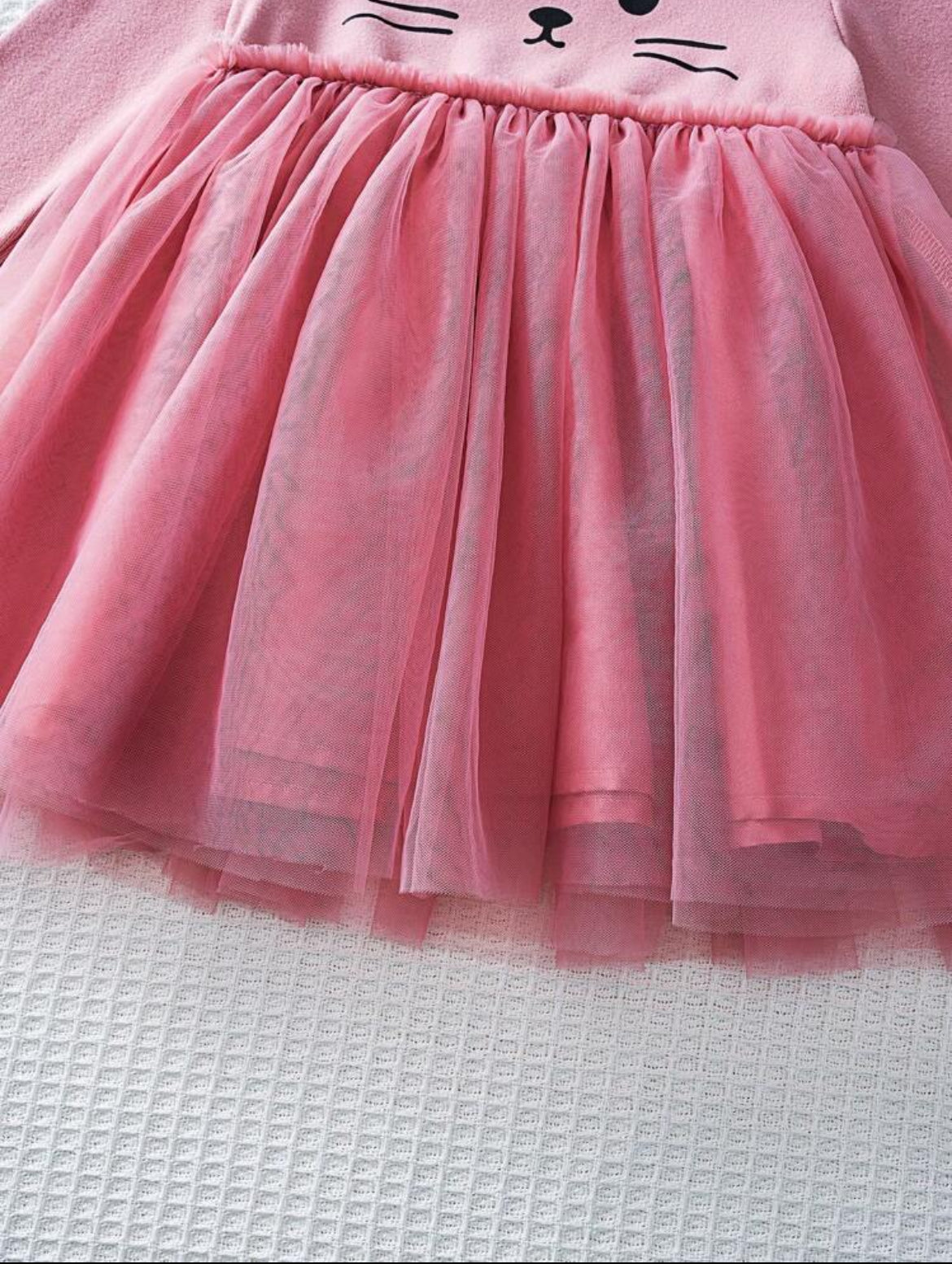 Cozy Pixies Cartoon Kitten Print Mesh Patchwork Long Sleeve Cinched Waist Dress For Baby Girls