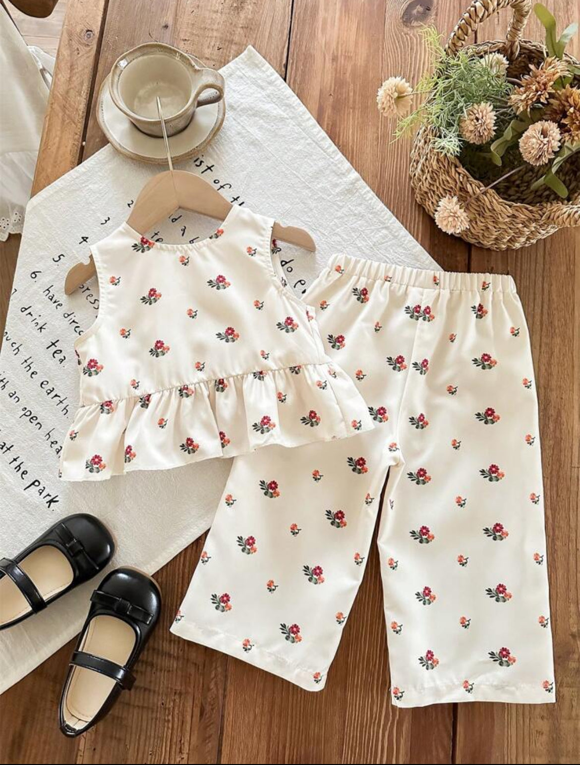 Summer Floral Ruffled Sleeveless Top & Elastic Waist Pant Set