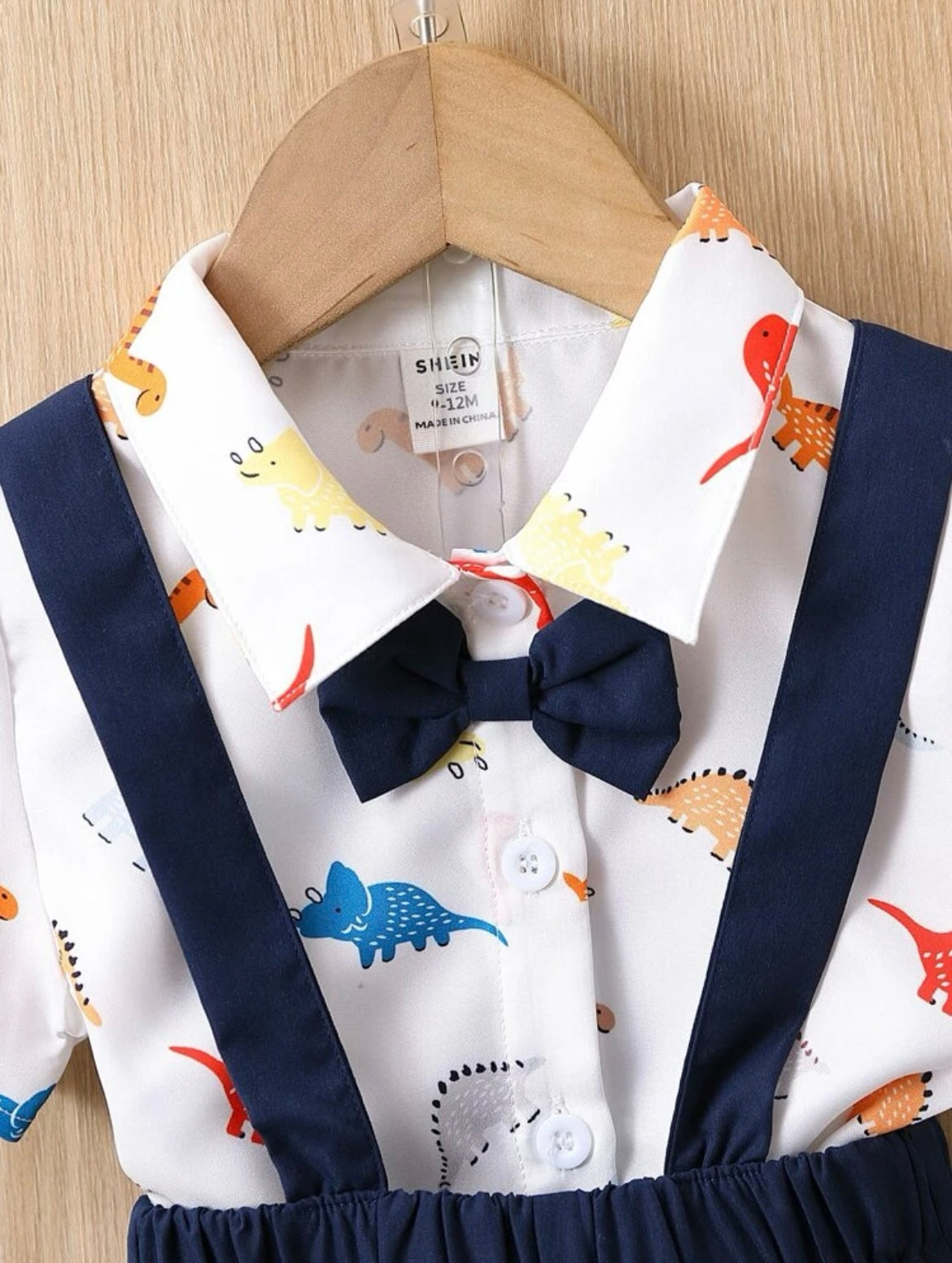 Baby Boy Dianosaur Print Bow Front Shirt & Pinafore Shorts