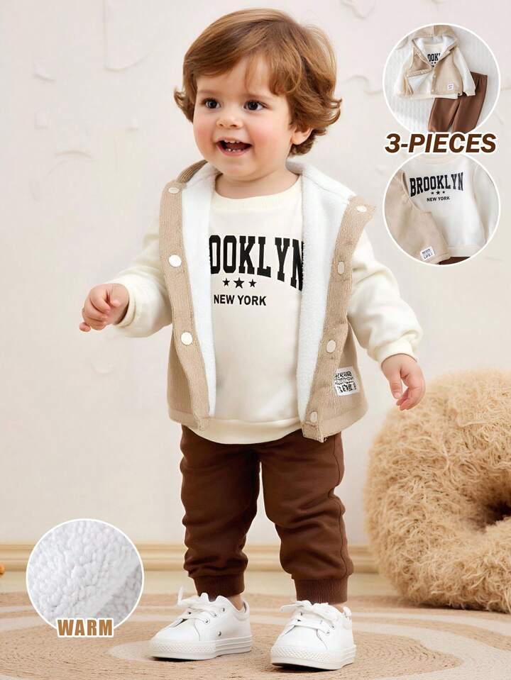 3 pc Baby Boy Letter Print Soft Knit Hooded Long Sleeve Sweatshirt, Elastic Waist Sweatpants And Sleeveless Fleece Vest Set.