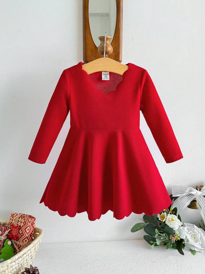 Girl Elegant Solid Color Ruffle Hem Long Sleeve Dress For Autumn