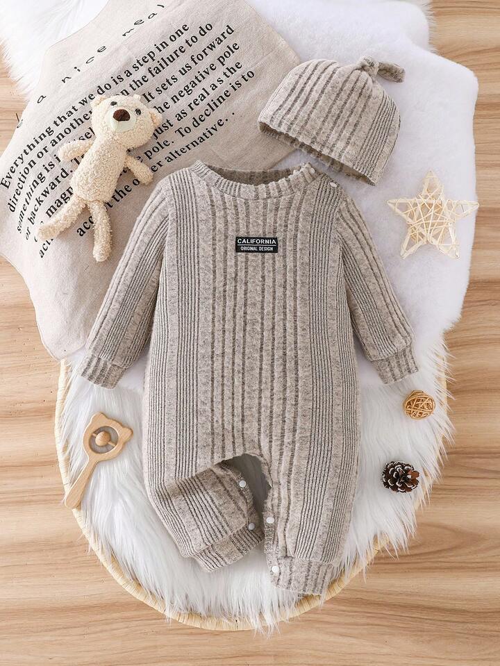 Ribbed Knit Casual Long Sleeve Romper With Adorable Hat (2 Pc)