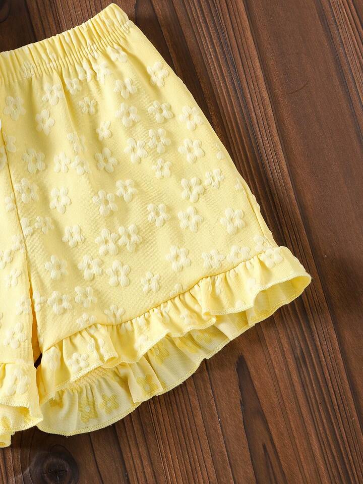 2pcs Toddler Girls' Cute Floral Embroidery Short Sleeve T-Shirt And Ruffle Shorts Set.