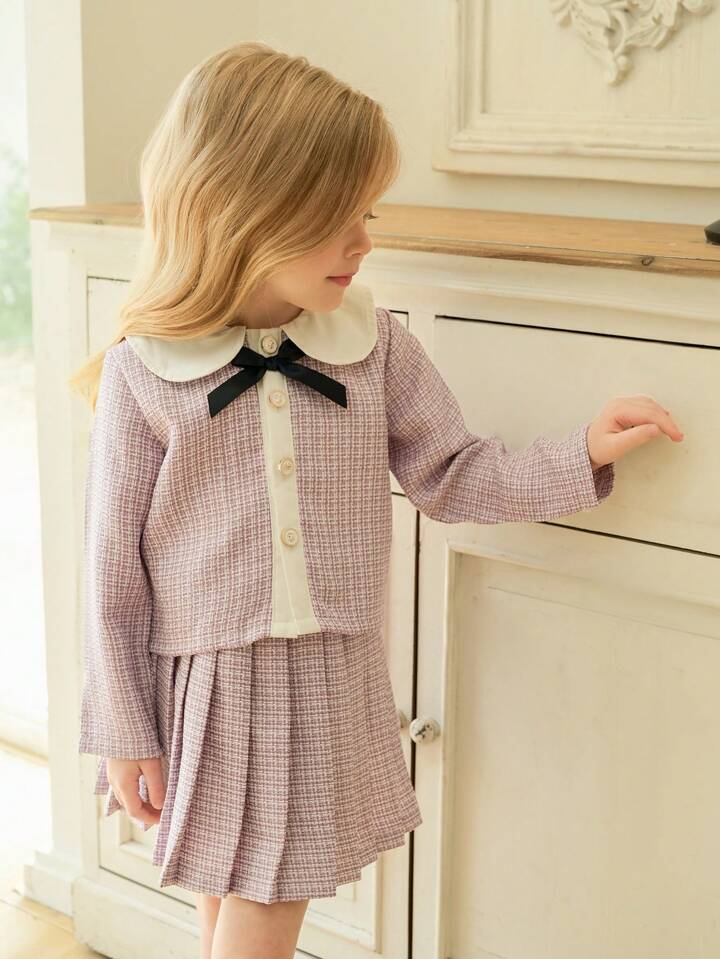Young Girl Plaid Peter Pan Collar Long Sleeve Top And Pleated Mini Skirt Cute 2 Pieces Set