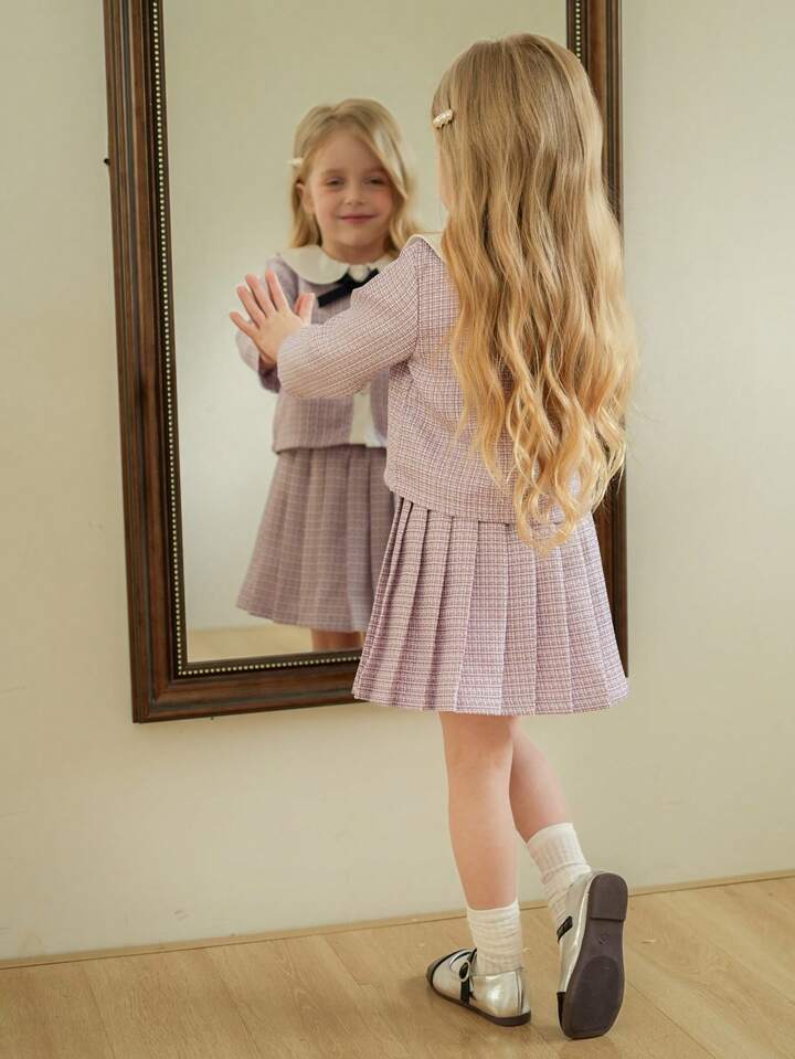 Young Girl Plaid Peter Pan Collar Long Sleeve Top And Pleated Mini Skirt Cute 2 Pieces Set