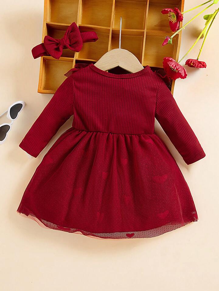 Mesh Cap Sleeve Ribbed Heart Mesh Bow Headband Dress (2 Pc)