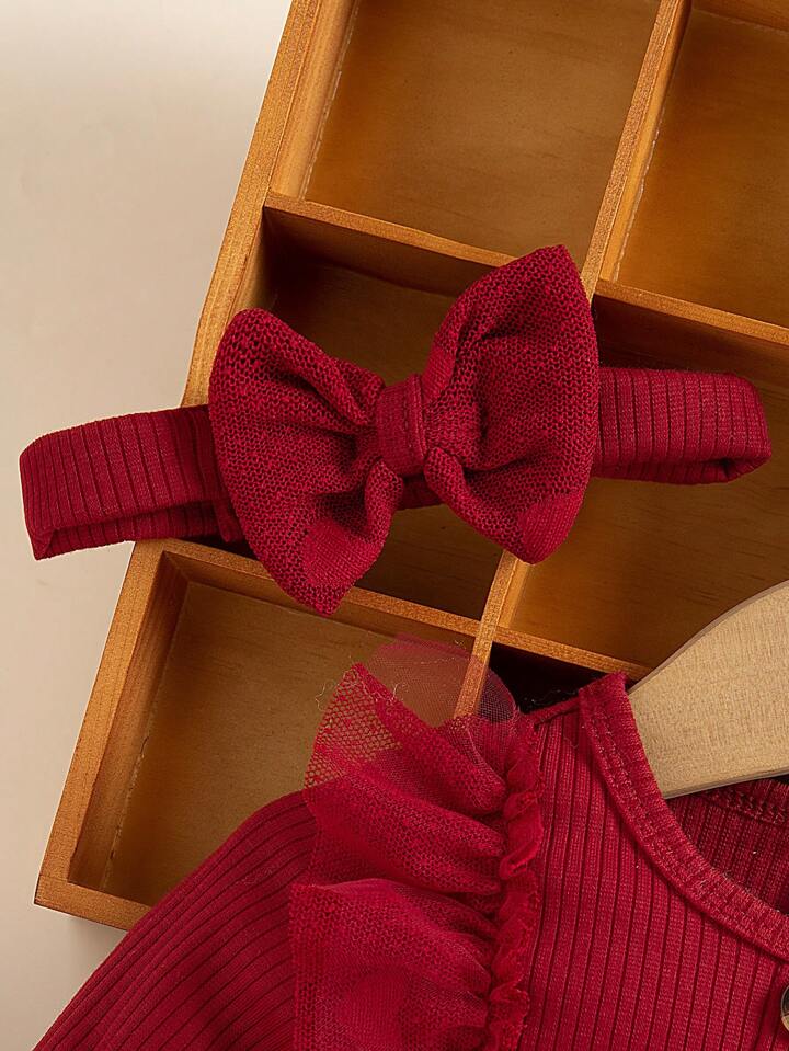Mesh Cap Sleeve Ribbed Heart Mesh Bow Headband Dress (2 Pc)