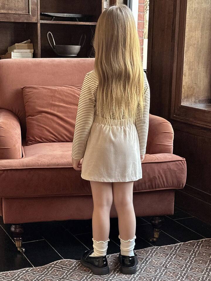 2pcs/Set Young Girl' Striped Turtleneck Top + Bow Decor Skirt Fall Winter