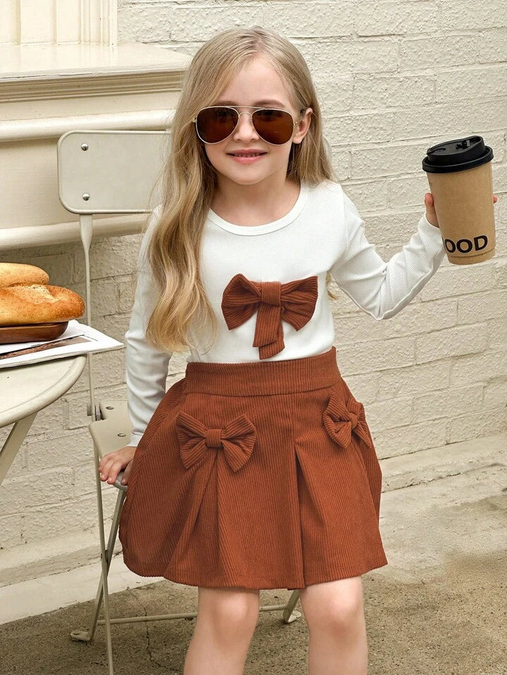 Girl Cute Bow Decor White Long Sleeve Top & Skirt Set.