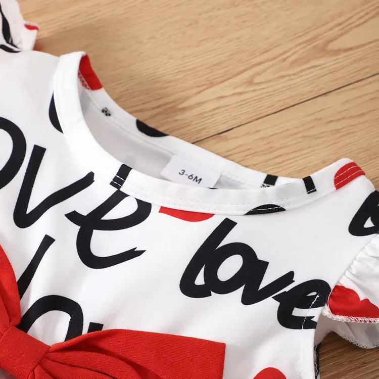 Baby Girl Allover Heart & Letter Print fancy Flutter-sleeve Bow Front Dress