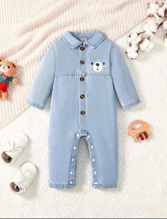 Baby Girl Bear Print Button Front Denim Jumpsuit