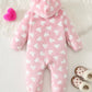 Baby Girl Heart Pattern Thermal Lined Thick Hooded Long Sleeve One-Piece Winter Jumpsuit.