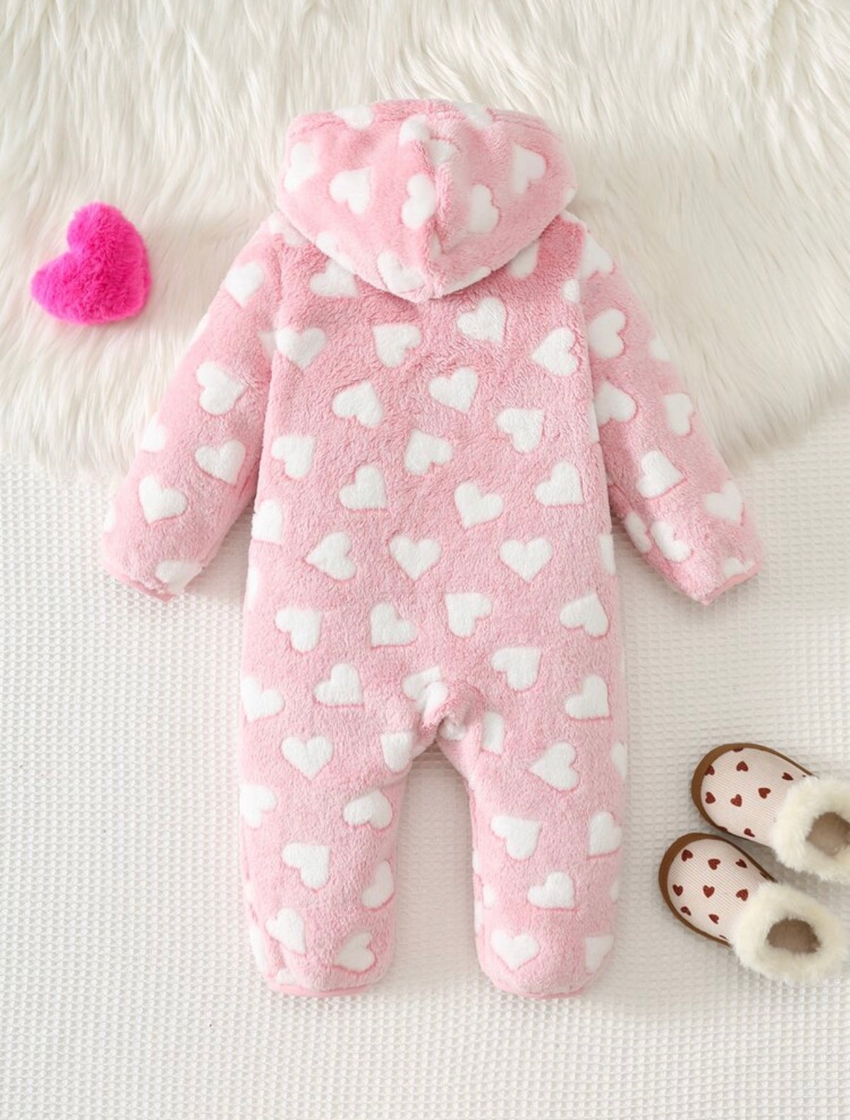 Baby Girl Heart Pattern Thermal Lined Thick Hooded Long Sleeve One-Piece Winter Jumpsuit.