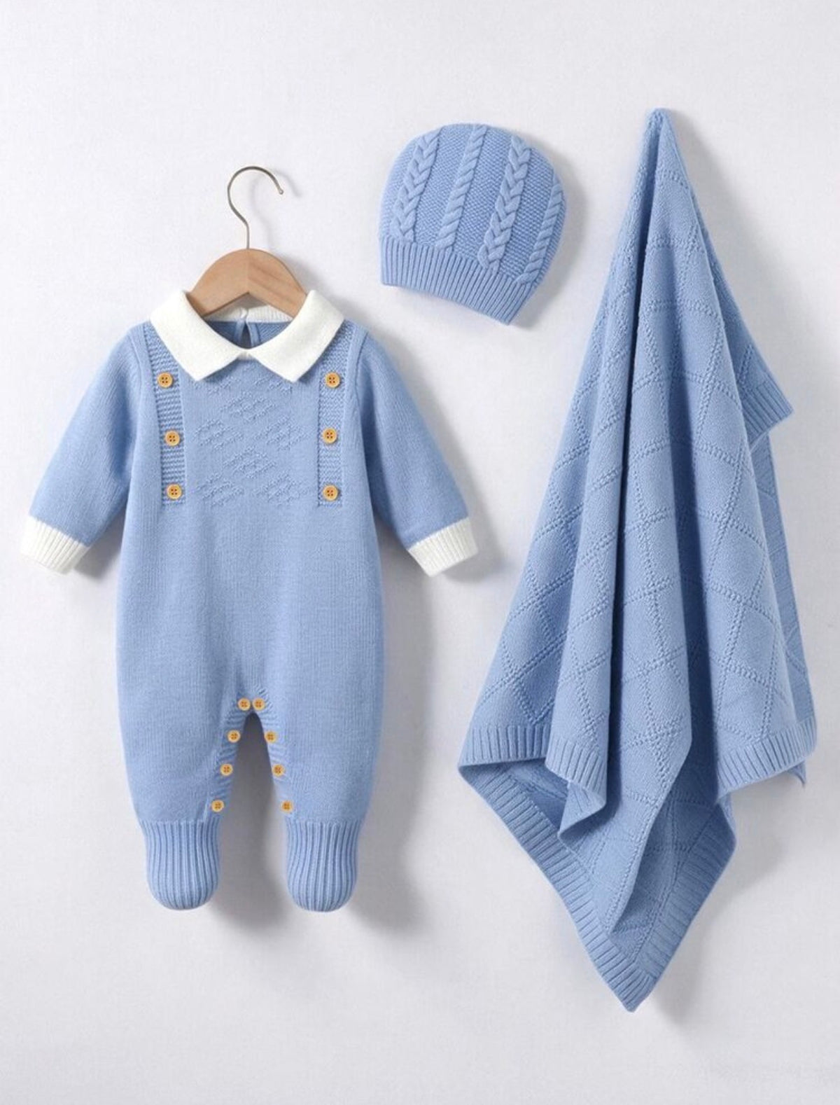Baby Boy 3 Pc Contrast Collar Knit Jumpsuit & Hat & Blanket. ( delivery by 15th October)