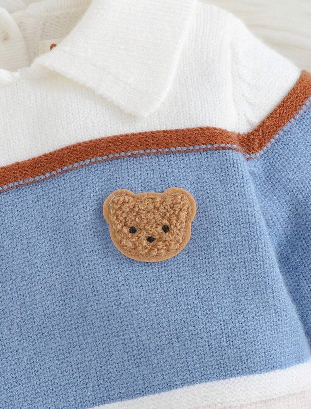 Kids Patchwork Textured Colorblock Striped Lapel Cartoon Bear Pattern Knitted Romper.