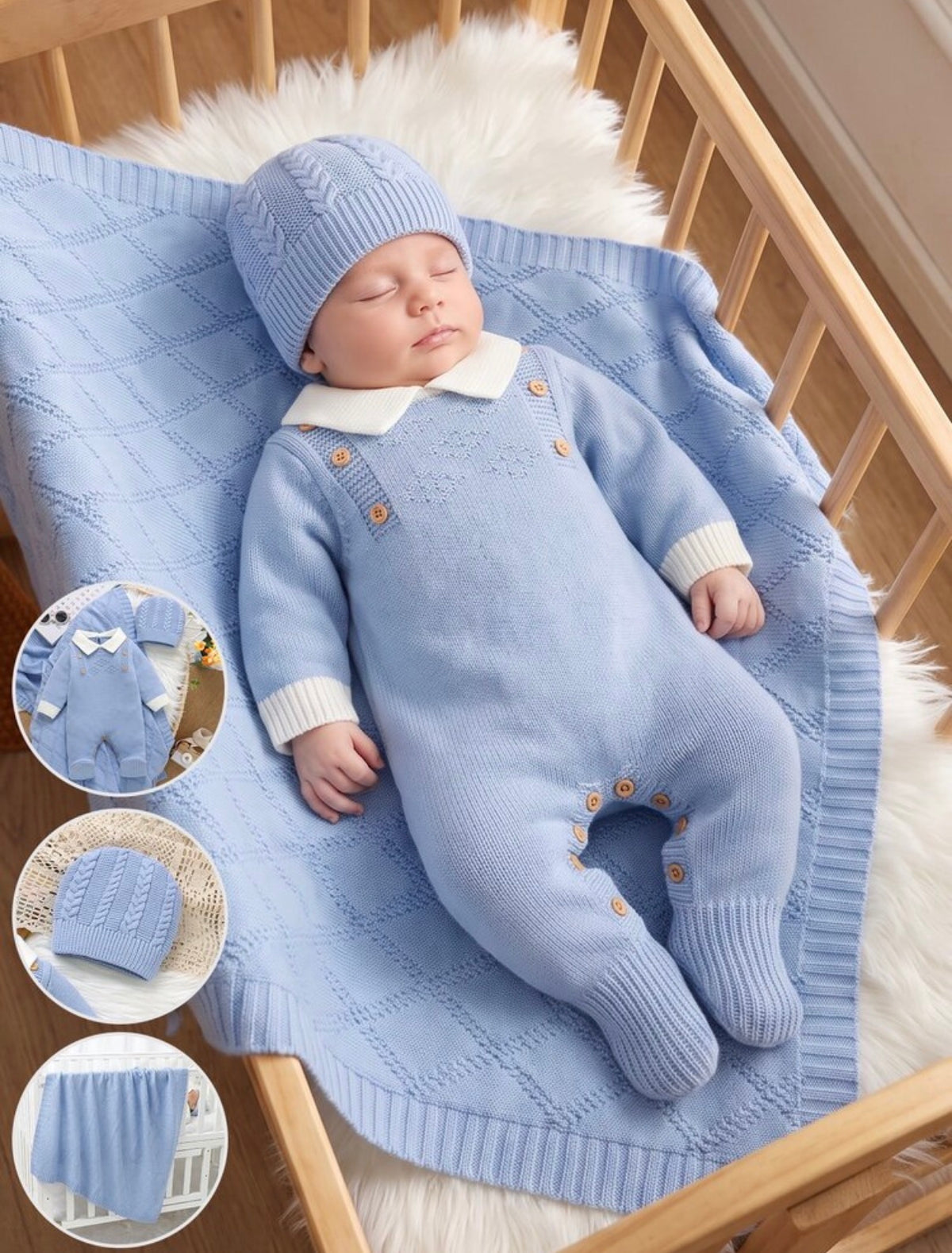 Baby Boy 3 Pc Contrast Collar Knit Jumpsuit & Hat & Blanket. ( delivery by 15th October)
