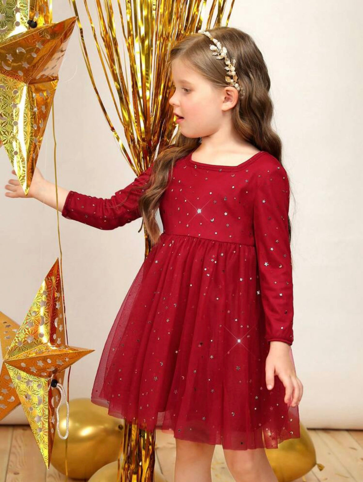 Girls Knitted Dress With Shiny Square Neck Mesh Dress