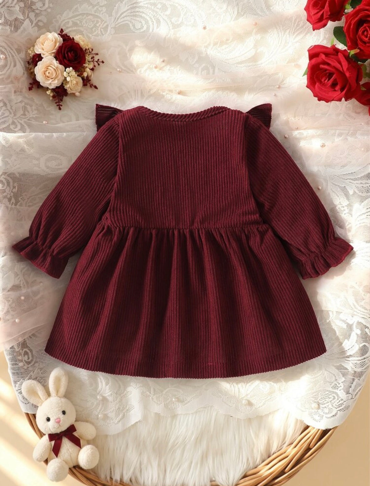 Floral Embroidered Ruffle Long Sleeve Puff Sleeve A-Line Dress.