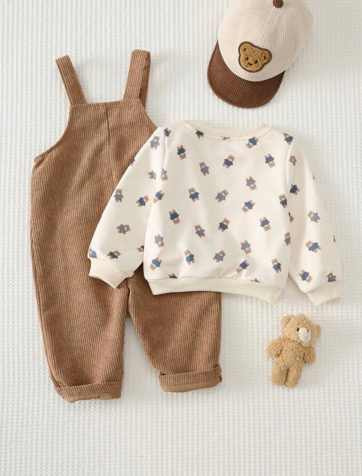 Baby Boy Cartoon Bear Pattern Knitted Soft Round Neck Long Sleeve Pullover Autumn Sweatshirt & Overalls 2-Piece Set