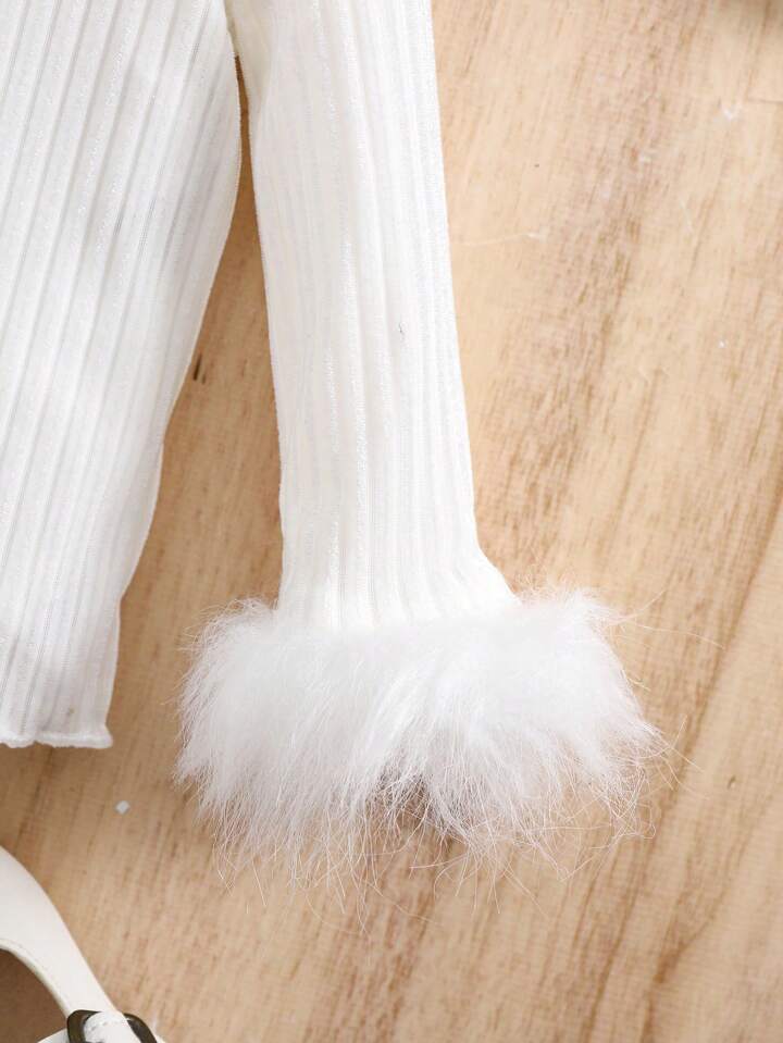 Ribbed Splicing Fuzzy Sleeve Sweatshirt For Winter