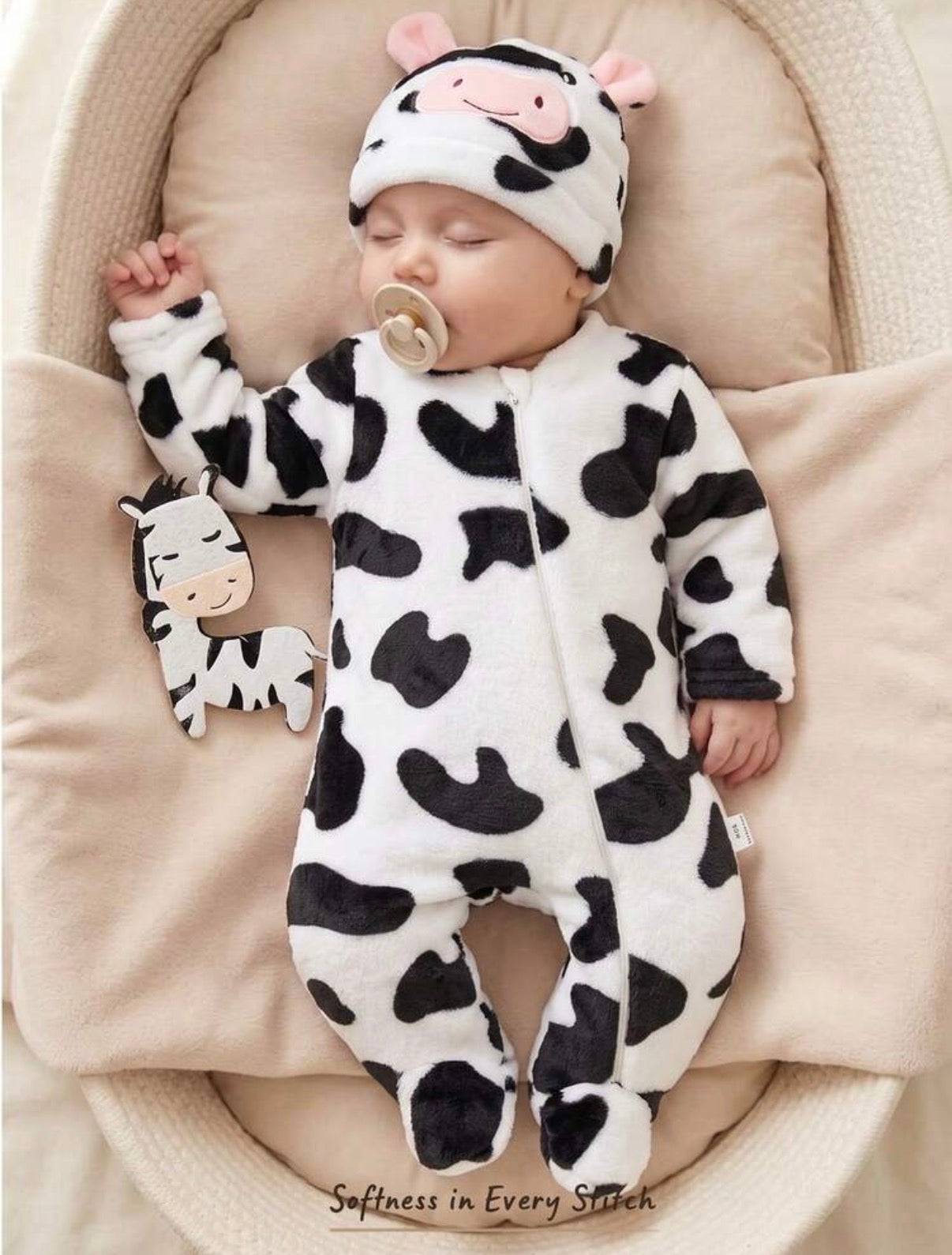 2pcs/Set Autumn/Winter Double-Sided Flannel Black White Cow Print Plush Zipper Long Sleeve Footed Romper Pink Small Ear Hat.
