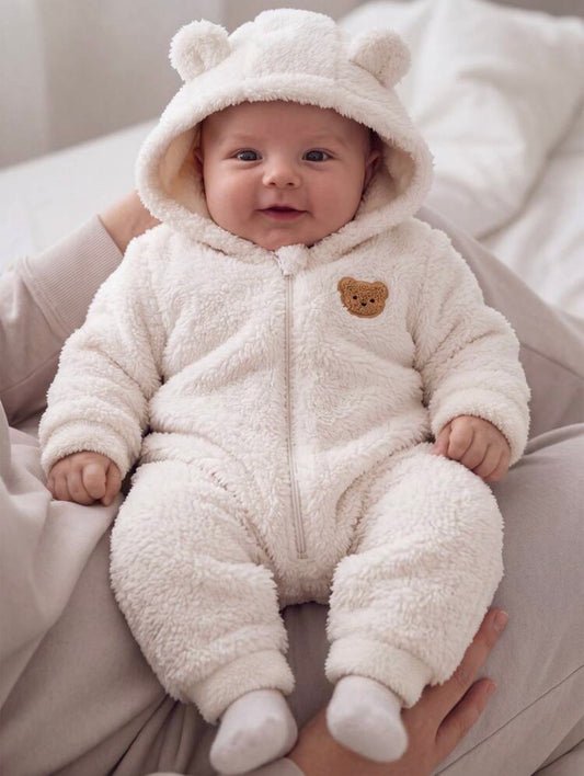 Cartoon Bear Pattern Long Sleeve Hooded Autumn Winter Romper.
