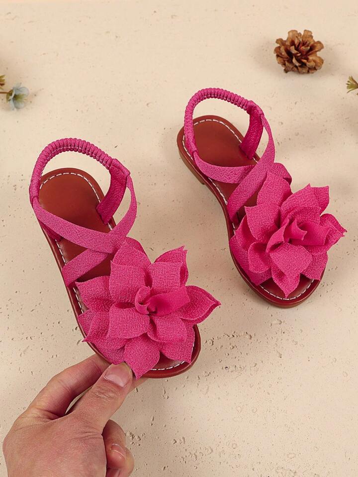 Girls Flat Sandals With Knitted Criss-Cross Straps, Mesh Peonies Decor, Elastic Heel Band, Round Toe.