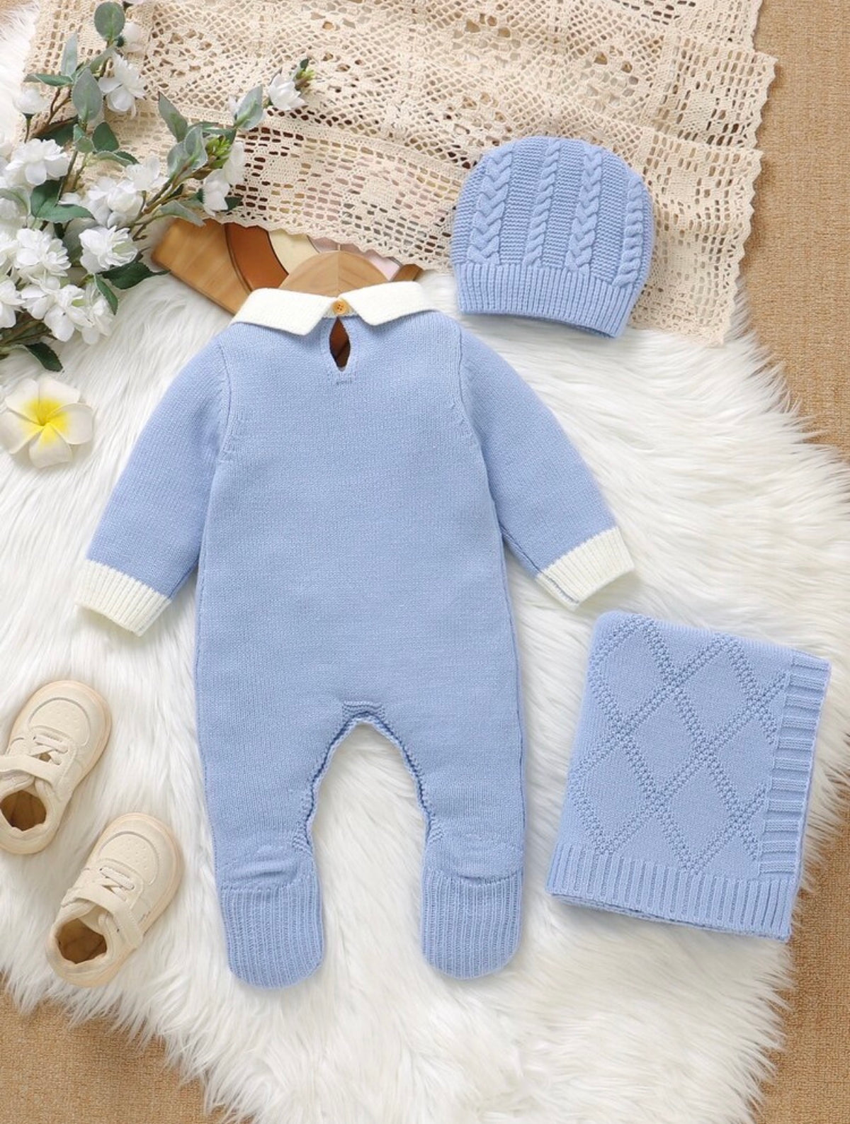 Baby Boy 3 Pc Contrast Collar Knit Jumpsuit & Hat & Blanket. ( delivery by 15th October)