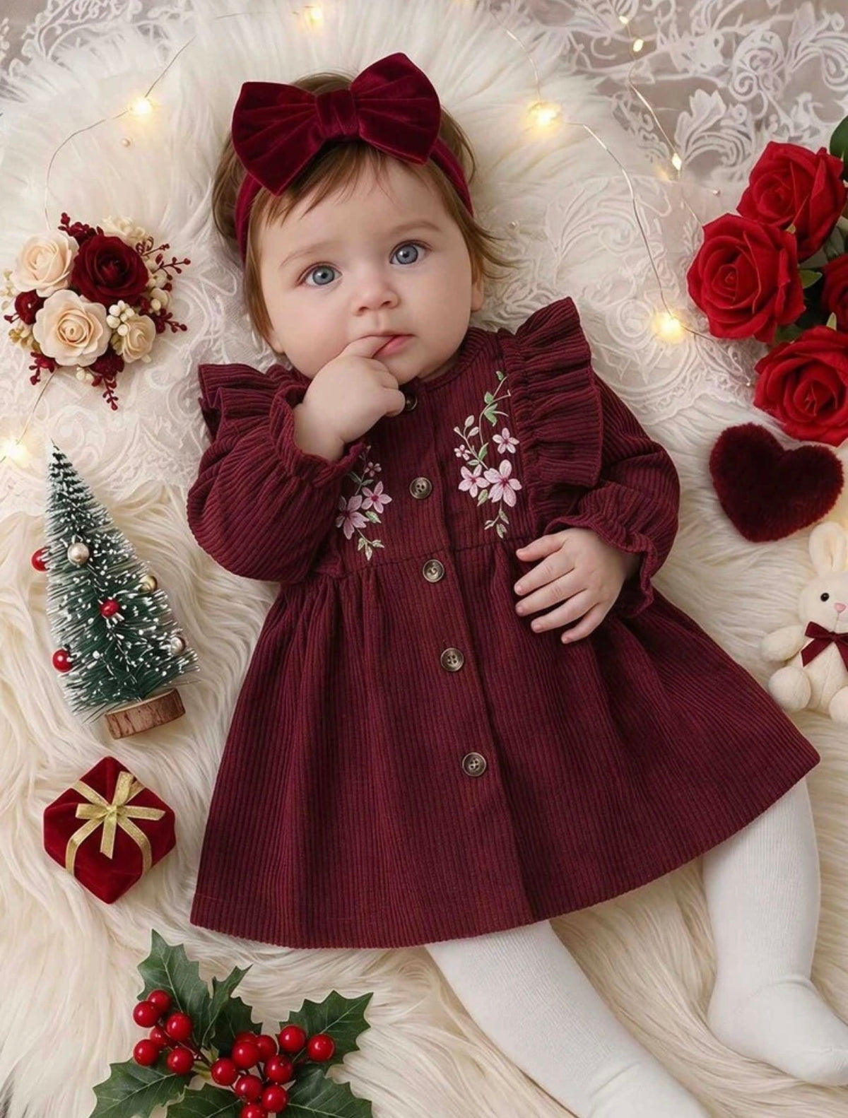 Floral Embroidered Ruffle Long Sleeve Puff Sleeve A-Line Dress.