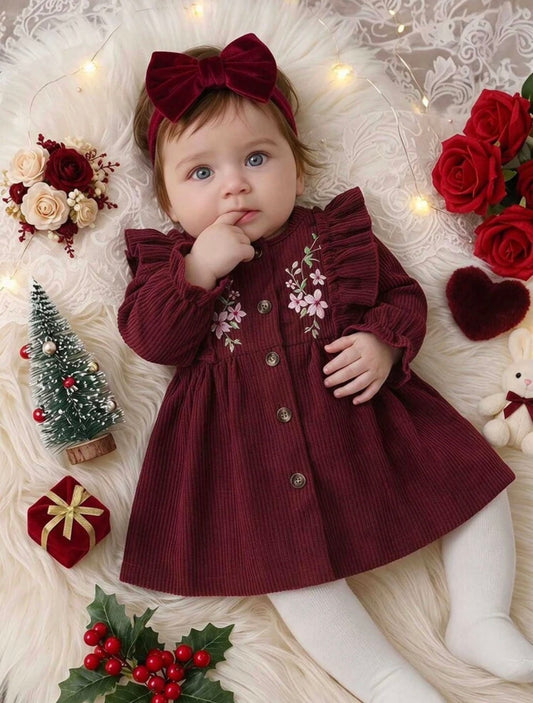 Floral Embroidered Ruffle Long Sleeve Puff Sleeve A-Line Dress.