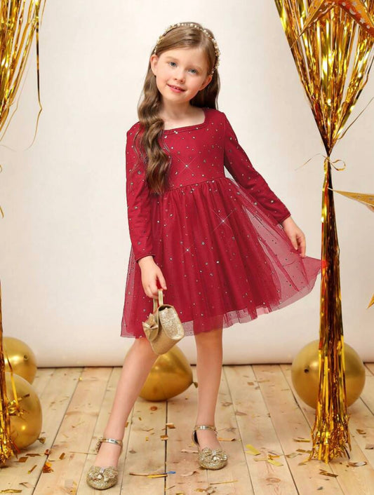 Girls Knitted Dress With Shiny Square Neck Mesh Dress