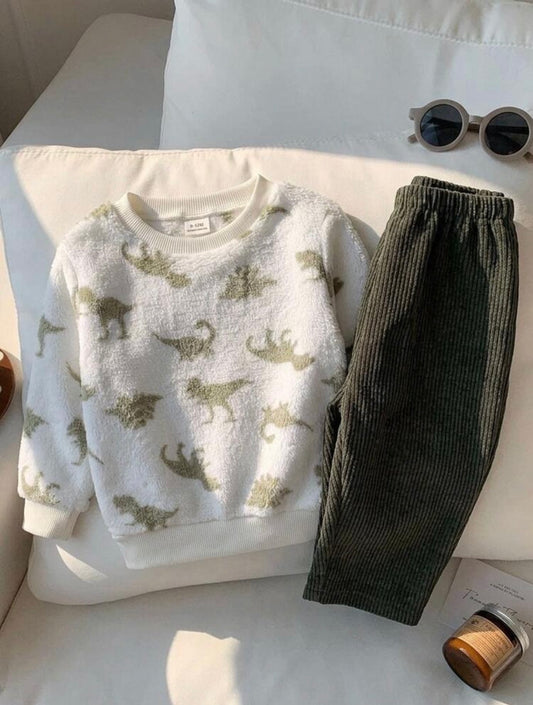 2pcs Baby Boy Dinosaur Print,  Fleece Crew Neck Long Sleeve Pullover Sweatshirt Elastic Waist Long Pants.