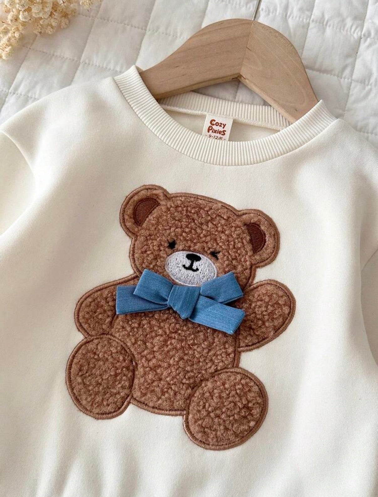 Girl 3D Cartoon Bear Bow Round Neck Sweatshirt Denim-Like 2 In 1 Dress.