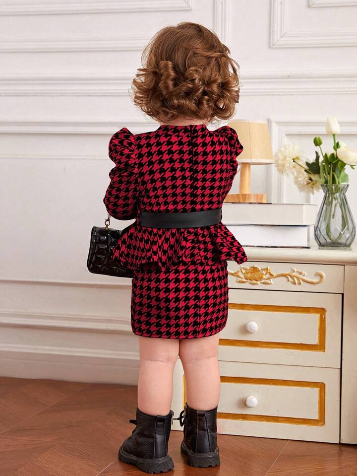 Baby Girl Houndstooth Print Puff Sleeve Belted Dress